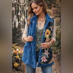 Johnny Was Reversible Sherpa Vest Lagoon Blue Floral Button Front Boho Size L